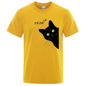 Meow Black Cat Funny Printing Men T-Shirts Breathable Tee Clothes Summer Streetwear Tops Oversized Loose Cotton Short Sleeve