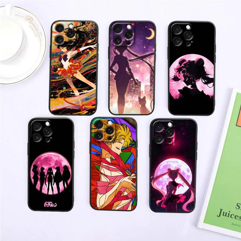 

S-Sailor M-Moon Cartoon Art For Apple iPhone 17 16 16E 15 14 13 12 11 Air Pro Max Plus Black Soft Silicone Cover Phone Case