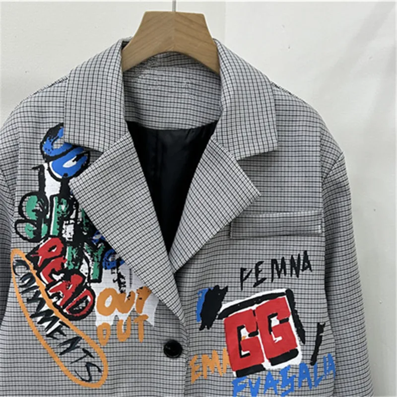 Szary Graffiti Letters Plaid Blazer Jacket Damska odzież wierzchnia Duża kieszeń Długi rękaw Garnitur Kurtka Płaszcz Damski Koreański Casual Blazers