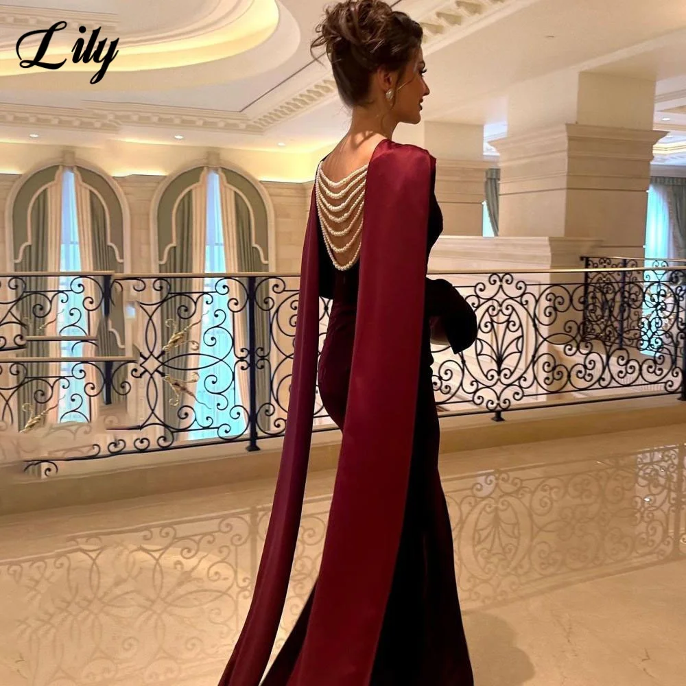 

Lily Black Party Dress Long Sleeve Trumpet Evening Dress O-neck فساتين السهرة Backless Pearls Gala Dress Customized