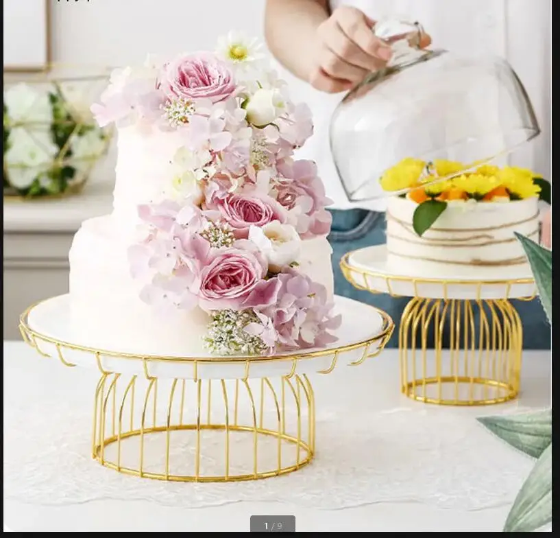

Golden Wrought Iron Cake Plate with Glass Cover Dessert Table Decoration Display Tray White Ceramic