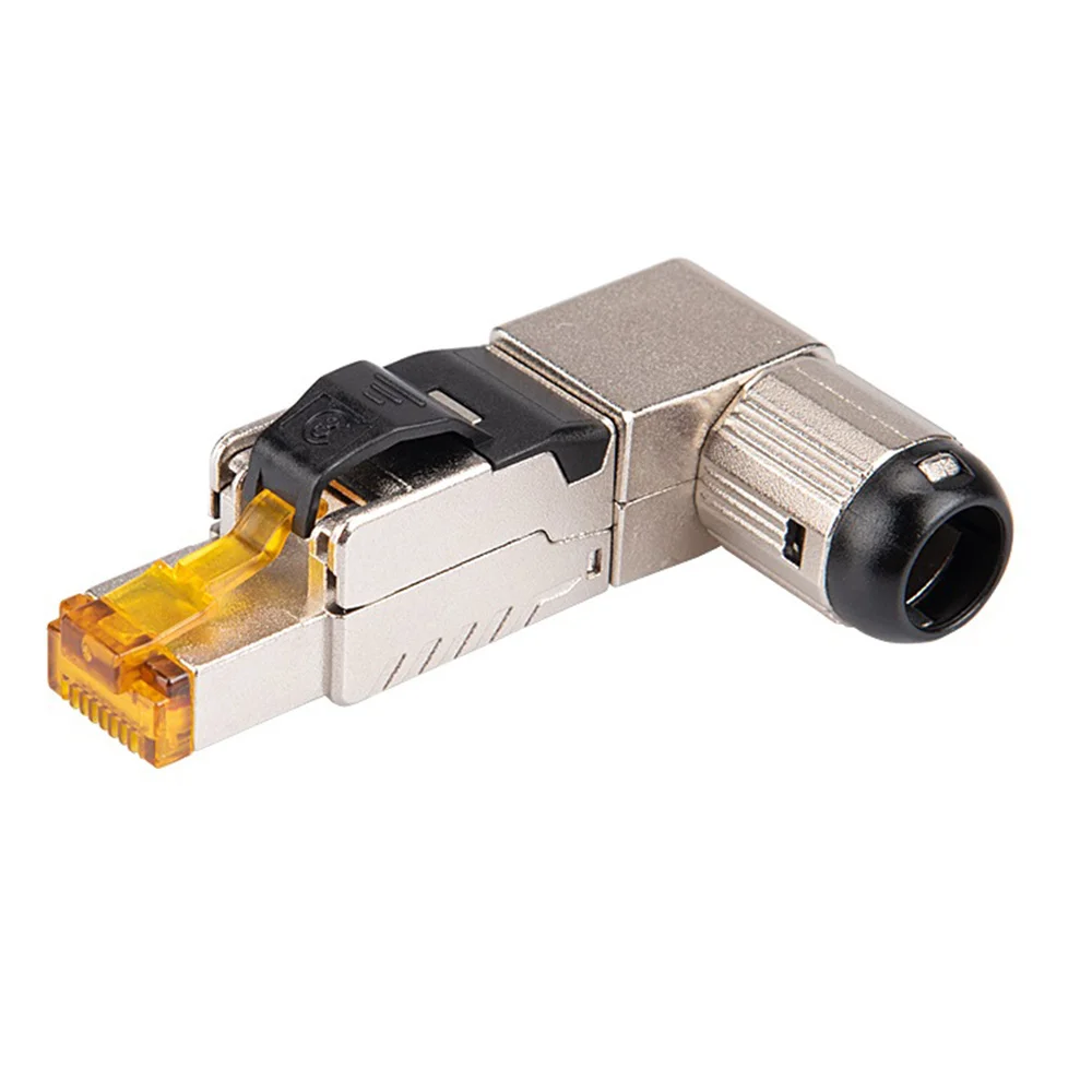 AT82-RJ45 Full Shielded Zinc-Alloy Field Plug 90 Degree Angled CAT8 STP Field Termination Connector Toolless Type