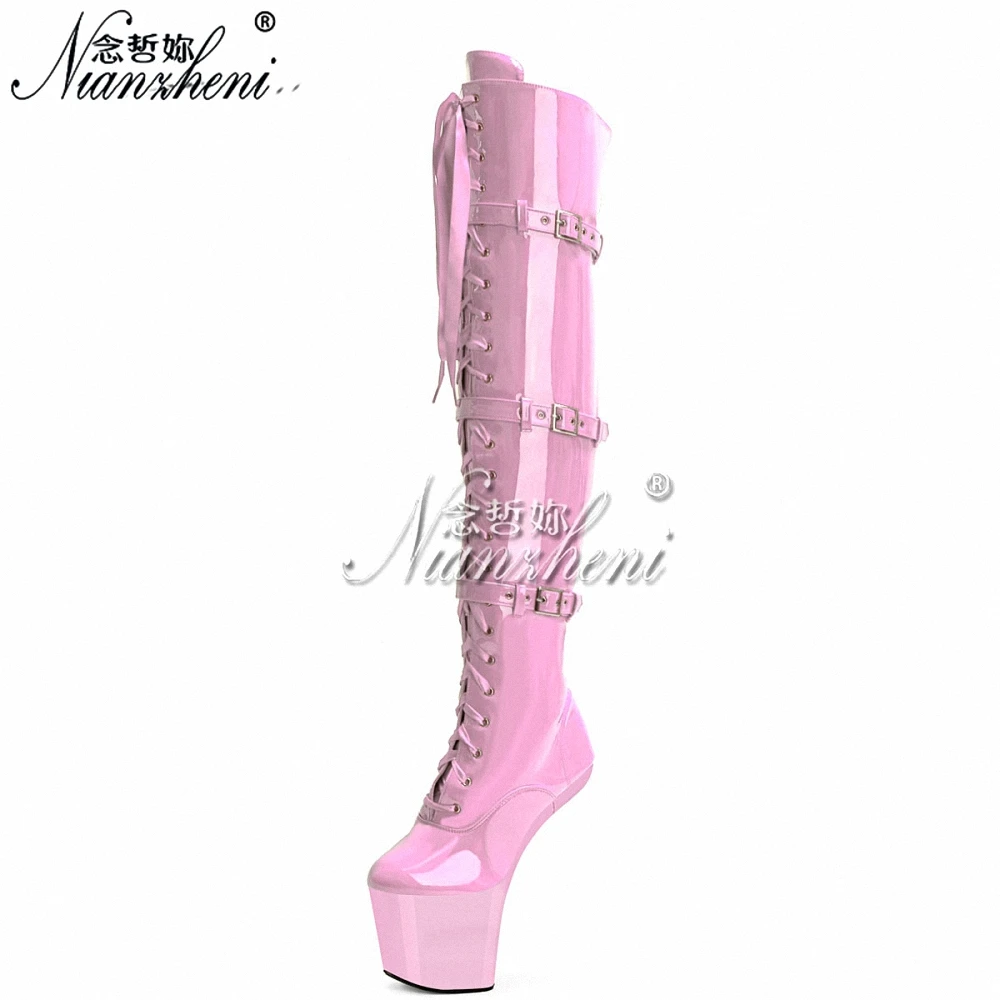 

8inch Hoof Heels Pink 20cm over the Knee Bootsg buckle Punk gladiator Platform leather Shoes Exotic Stripper Lace Up Gothic Quee