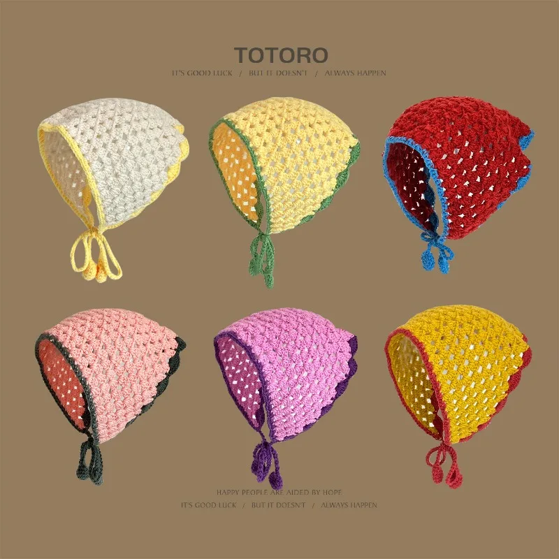 

French Retro Wavy Edge Contrasting Color Knit Triangular Hair Scarf for Women Summer Autumn Travel Versatile Thin Pullover Hat