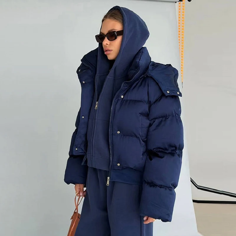Women Cropped Puffer Jacket Detachable Hood Stand Collar Zip‑Up Snap Button Loose Fit Coat Winter Casual Chic Ladies Outerwear