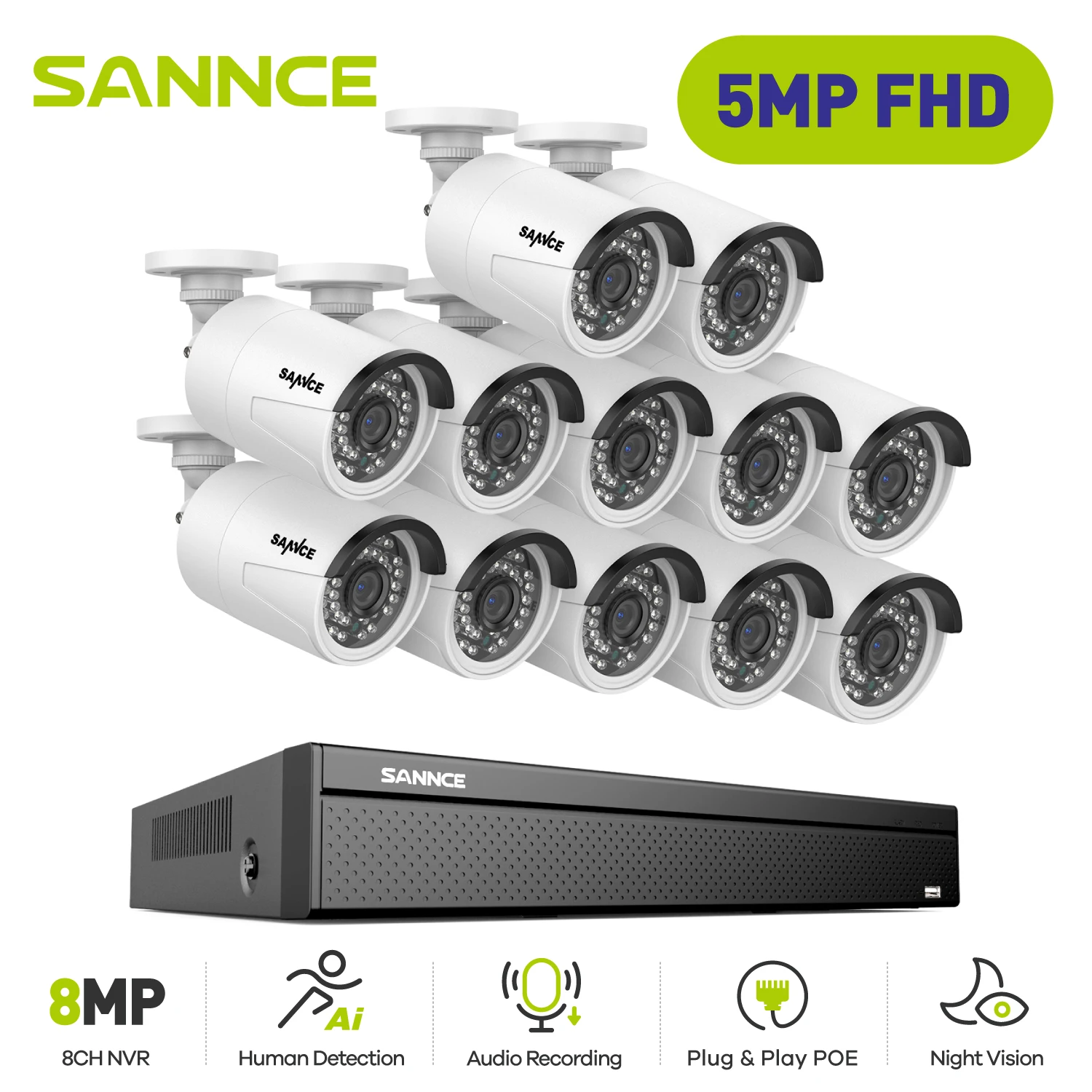 SANNCE 5MP Ultra HD POE Video Surveillance System 16CH NVR Recorder With 12PCS Ip camera 5MP Security Cameras CCTV Kit