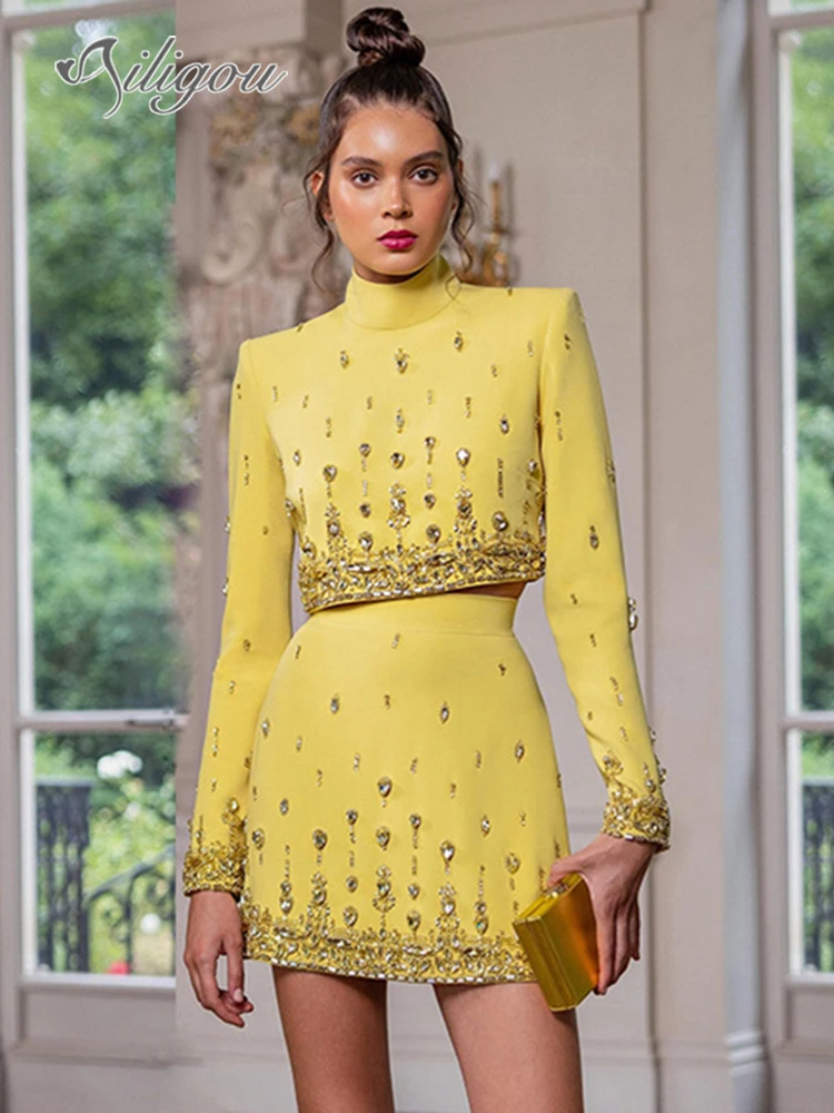 

Ailigou 2023 New Autumn Women's Fashion Sexy Diamond Beaded Short Top+Dress Yellow Two Piece Suit Set High Quality