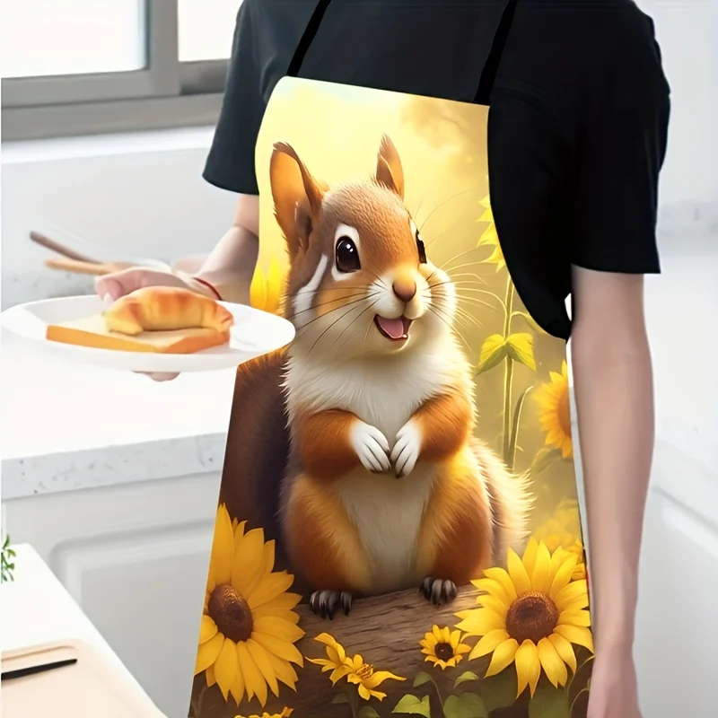 1pc, Squirrel Pattern Apron, Polyester Apron, Colorful and Fashionable Unique Printed Sleeveless Cooking Apron, Suitable for Ind