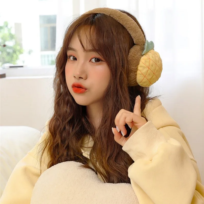 Penutup telinga hangat musim dingin bentuk Burger, earmuff lembut hangat kartun buah gadis berbulu halus hangat Headphone bulu palsu