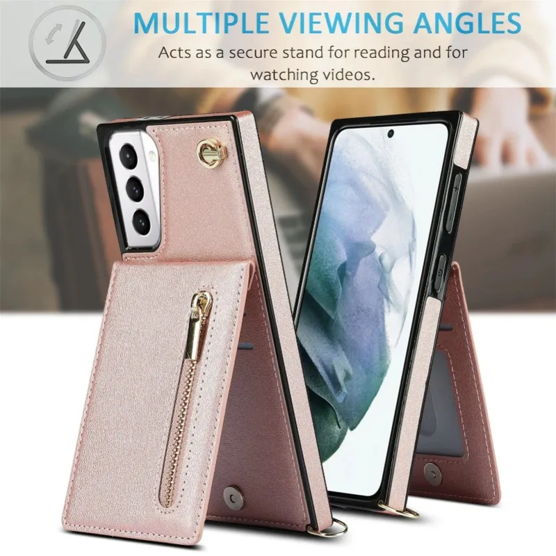 Zipper Wallet Case for Samsung Galaxy S21 S23 FE S22 S24 S25 S26 Plus Note 20 Ultra Card Holder Lanyard Crossbody Leather Cover