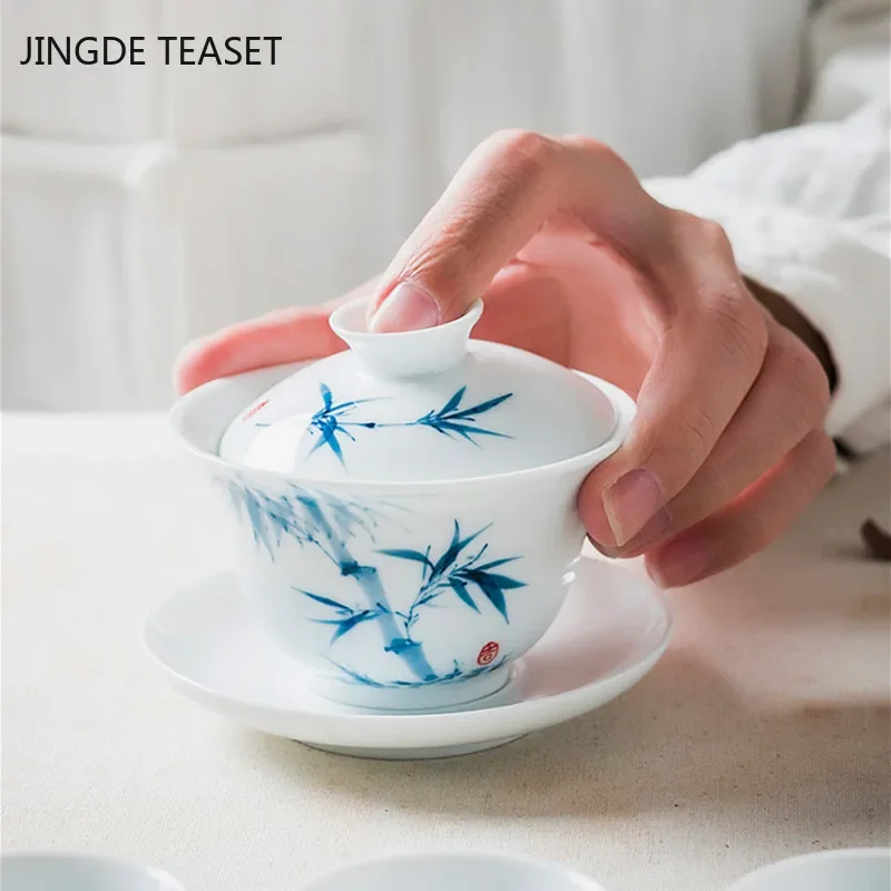 Chinese Ceramic Gaiwan Hand Painted Teacup Tea tureen handmade Porcelain Teaware Accessories Drinkware Personal Single Cup