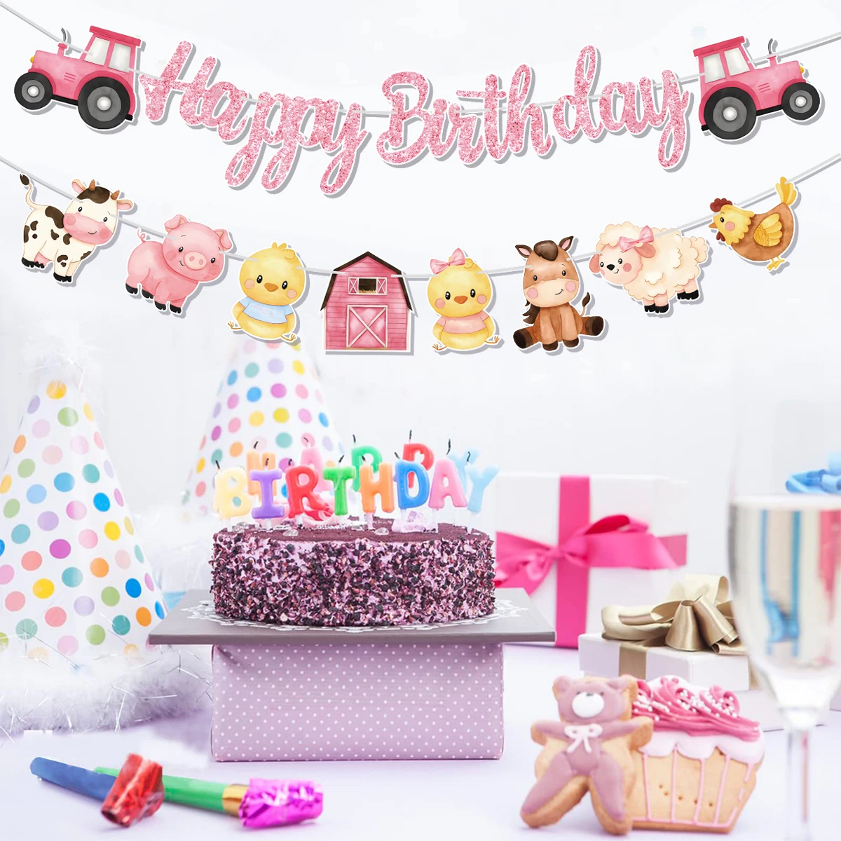 Pink Farm Animals Birthday Banner Happy Farm Birthday Decoration Girls Birthday Party Supplies Farm Animals Theme Birthday Decor