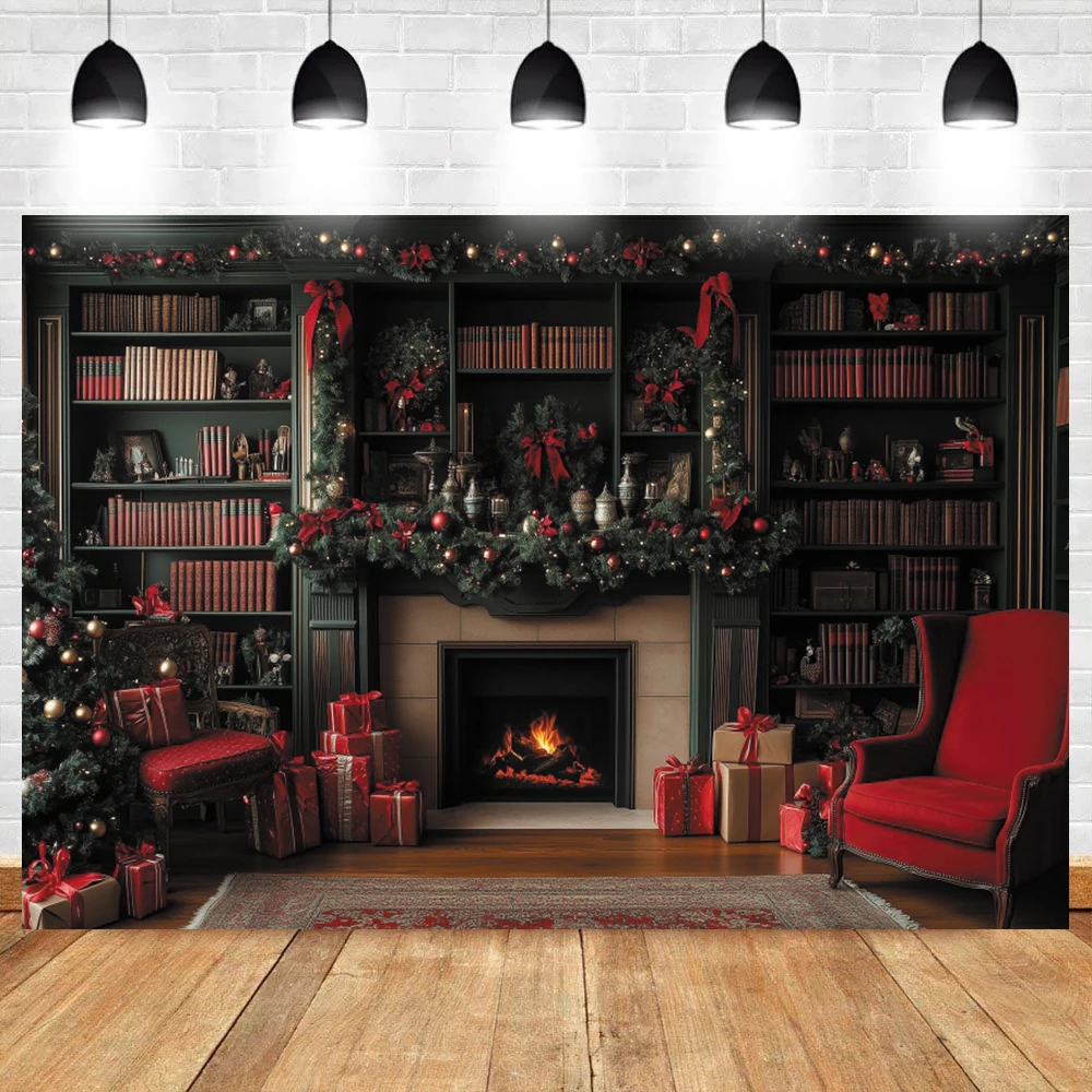 Christmas Fireplace Photography Backdrop Retro Bookshelf Wreath Xmas Trees Gifts Adults Xmas Party Decoration Photo Background