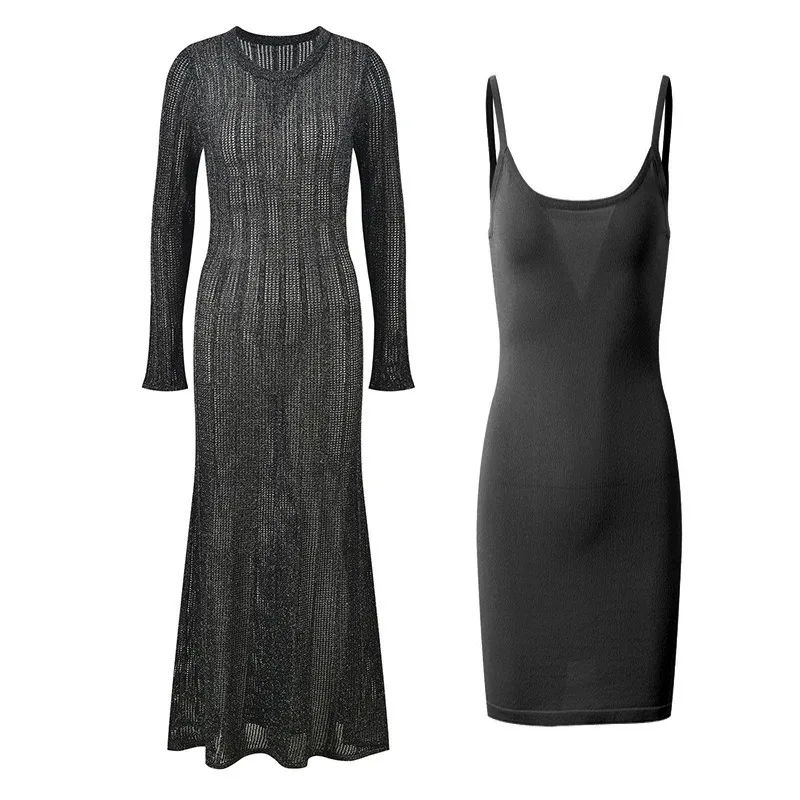 Abito da donna in maglia a righe verticali 2025 - Dettaglio ritagliato slim fit, abito lungo girocollo con spalline regolabili