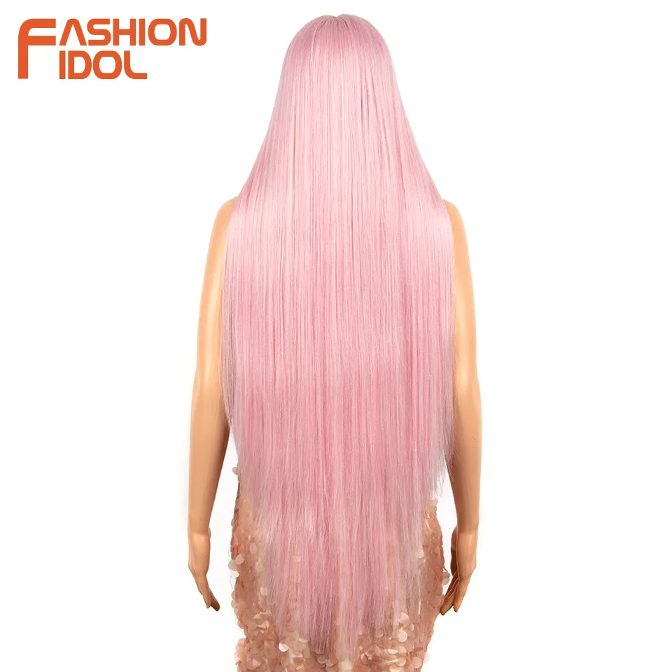 FASHION IDOL 38 inch Long Straight Wigs Synthetic Lace Wigs For Women High Temperature Fiber Ombre Pink Highlight Cosplay Wig