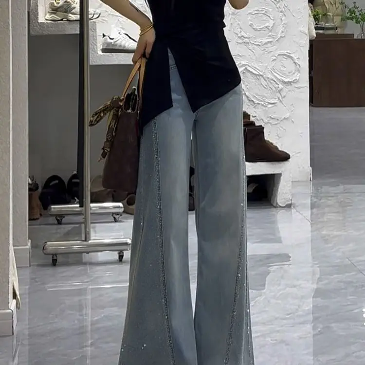 Pantalones vaqueros de primavera 2025 para mujer, pantalones vaqueros holgados de pierna ancha acampanados de cintura alta, Retro Azul, bordado de diamantes de imitación, pantalones de suelo de arrastre