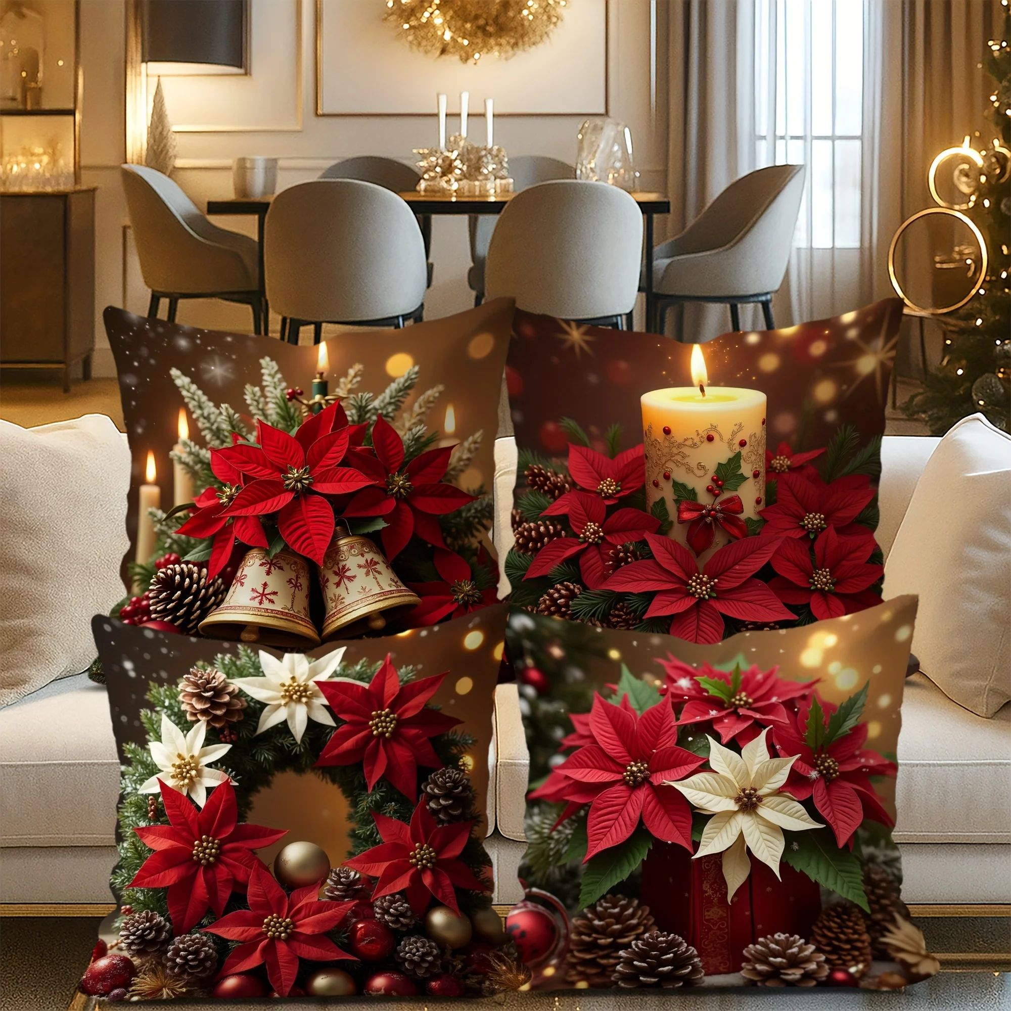 

4pcs Christmas Decorative Red and White Floral Candle Pillow Covers, Vintage Style 2D Flat Printed Velvet Cushion Cases for Livi