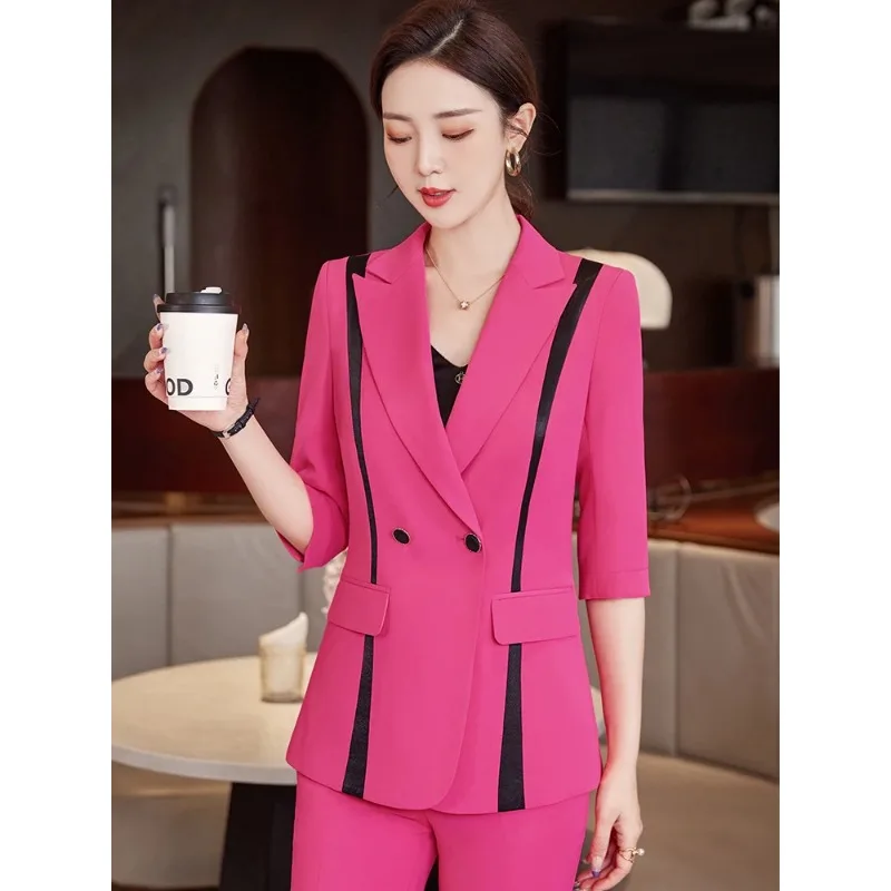 Hot Pink Women Suit Formal Blazer Office Lady Female White Black Striped 3/4 Full Sleeve Business Outfit Work Wear Jacket Coat