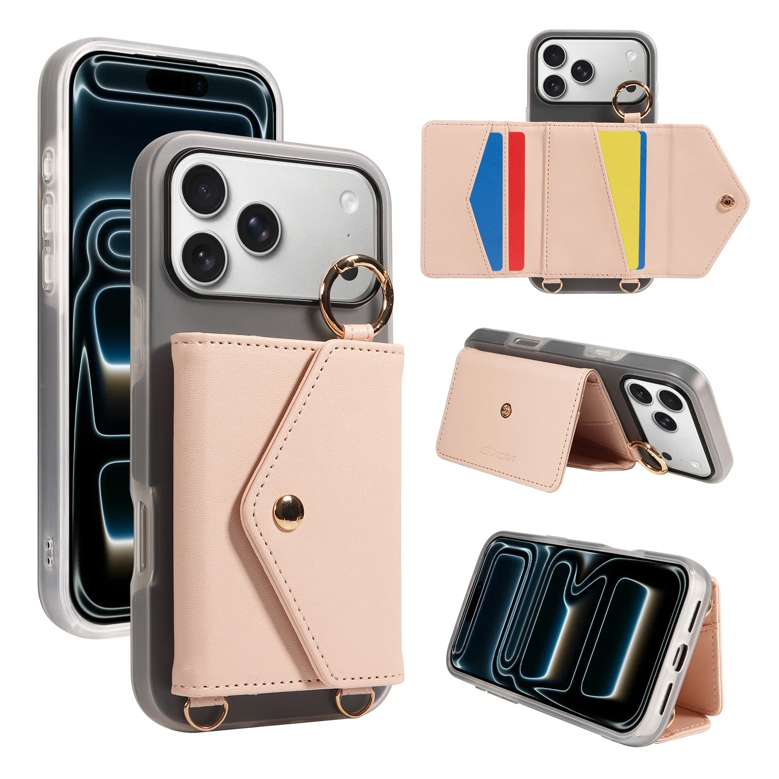 PU-Leder Handyhülle für iPhone 17e Air 16 15 14 13 12 11 Pro Plus Pro Max mit Kartenfach & Ring Crossbody Modische Handyhülle