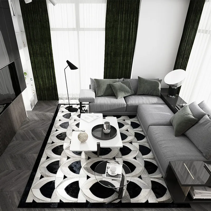 Patchwork Handmade Geometric Carpet Living Room Nordic Floor Home Rug Real Cowhide Study Room Floor Rug Luxury Office Mat Decor