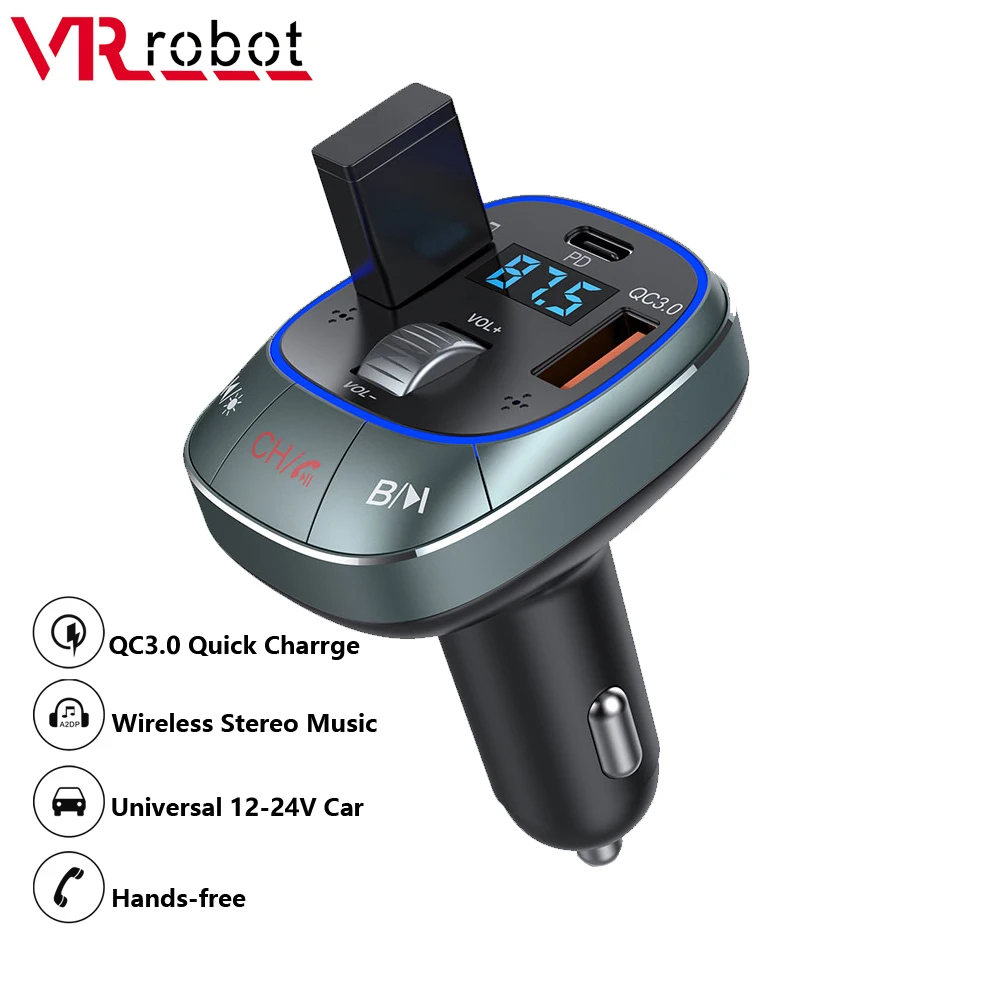 

VR Robot Bluetooth FM Transmitter Car MP3 Player Stereo Wireless Handsfree Car Kit Support U Disk QC3.0 +20W PD Fast Charging