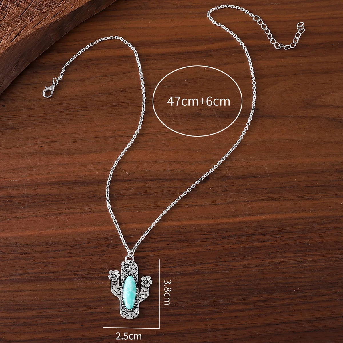 3.8*2.5cmWestern Saguaro Cactus Pendant Necklace for Women Turquoise Saguaro TURQUOISE CACTUS SILVERTONE NECKLACE Bohemian Style image 3