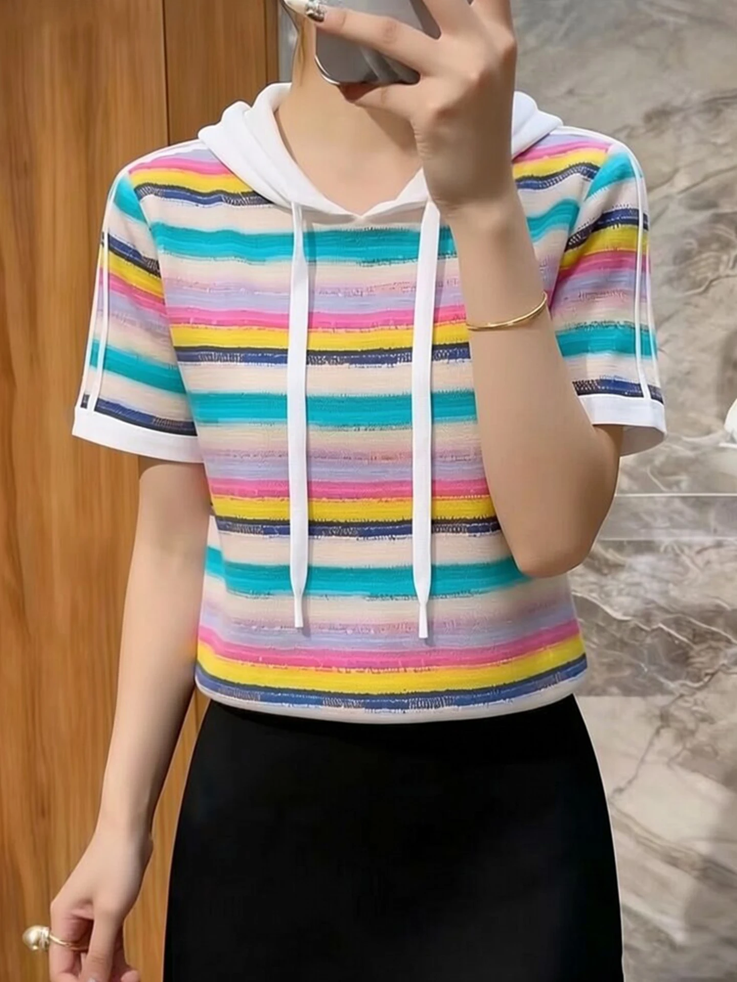 

Весенняя модная женская футболка оверсайз с капюшоном и коротким рукавом в полоску, в корейском стиле, повседневная, удобная, дышащая, стильная