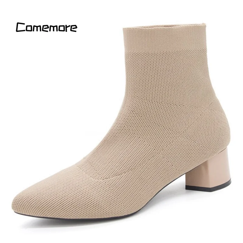 Comemore 2024 Trend Fashion Winter Stretch Knitted Women Ankle Boots Black Heels Femme Pointed Sock Shoe Women\'s Shoes with Heel