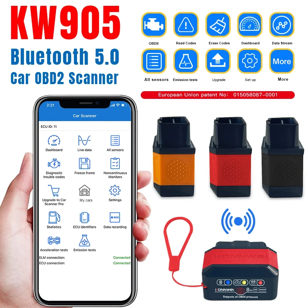 2026 KONNWEI KW905 ELM327 OBD2 Auto-Scanner Bluetooth 5.0 Batterieprüfung Motorfehler-Scanner OBDII Code-Lesegerät Diagnosewerkzeug