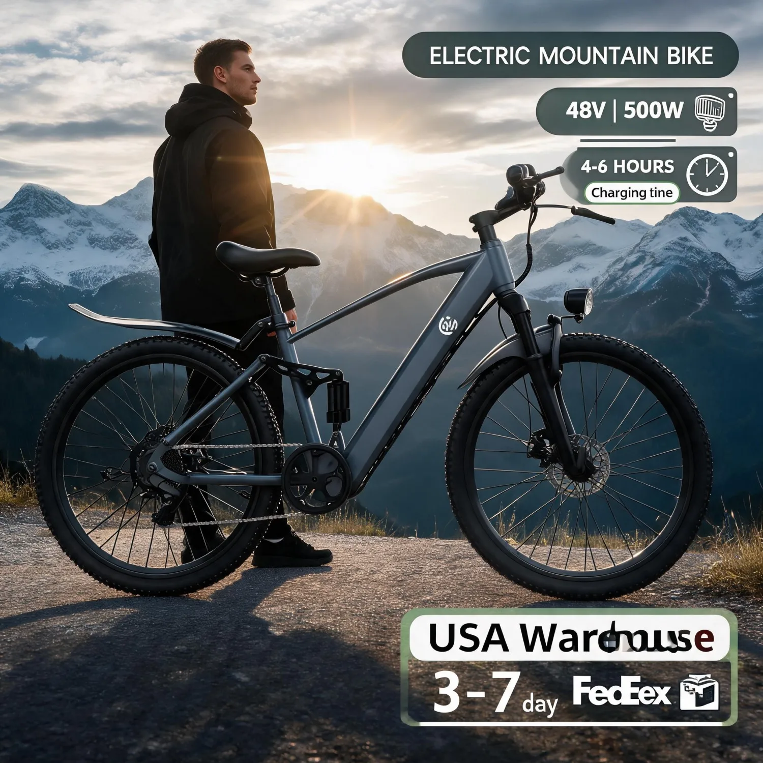 Off-Road Electric Bicycle, Beach Snow Ebike. 500W ebike with pedal assist and removable battery. Wide tires boost traction, great value outdoor adventure equipment.