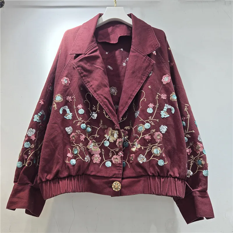 Women's Denim Coat Notched Collar Single Button Colorful Sequins Embroidered Jackets 2026 Autumn Fashion Female Outerwear Tops