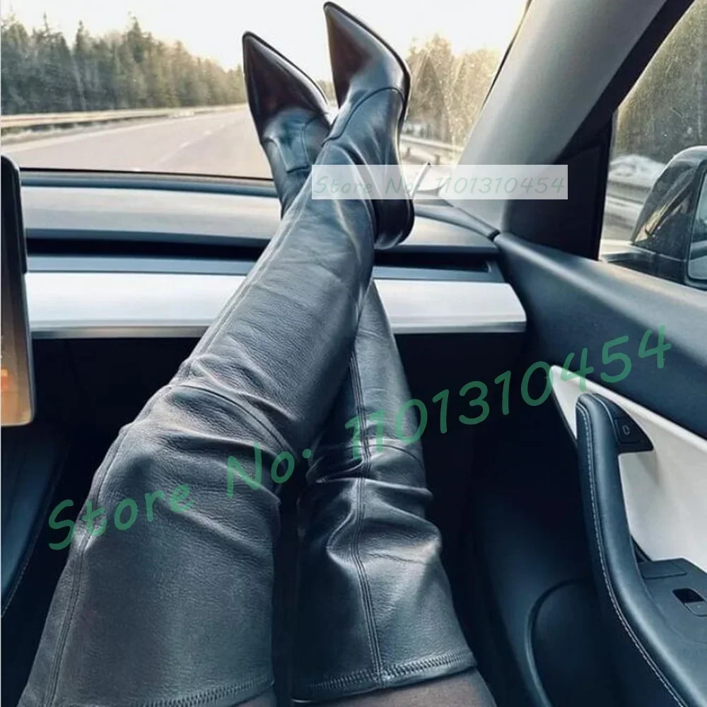 Metal Heel High Heels Long Boots Women Pointed Toe Sexy High Class Thigh High Shoes Ladies Leather Splicing Suede Patent Boots