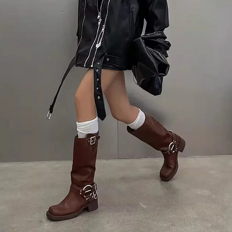 Genuine Leather Motorcycle Boots Metal buckle strap Women Mid-Calf Rider Boots Thick Heels Casual Western Cowboy Boots Brown