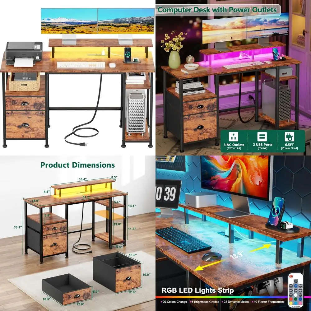 

Большой двусторонний стол для домашнего офиса со шкафом для документов, подставкой для монитора, розеткой и светодиодной подсветкой