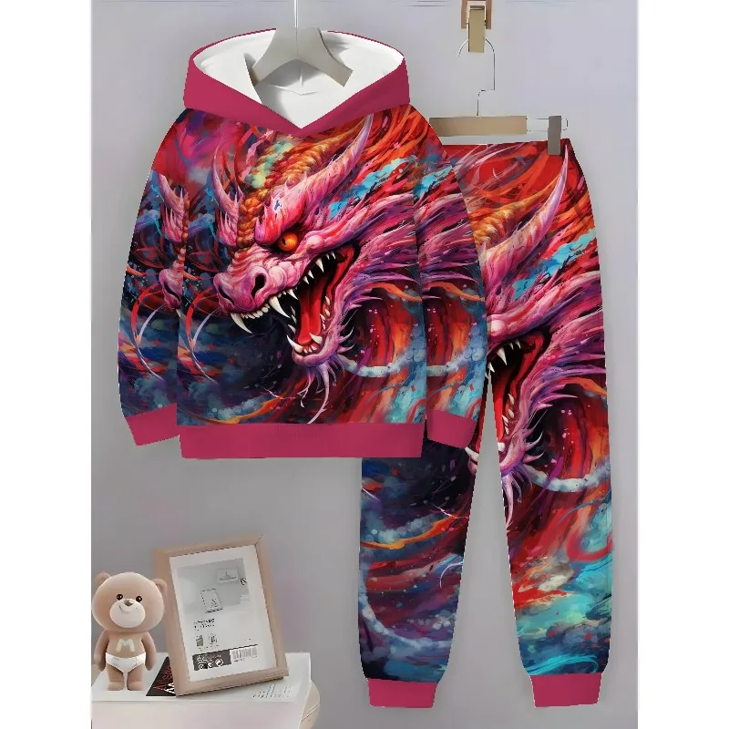 2025 Spring and Autumn Season New Two Piece Hoodie and Pants Set with 3D Colorful Dragon Pattern Printing Set