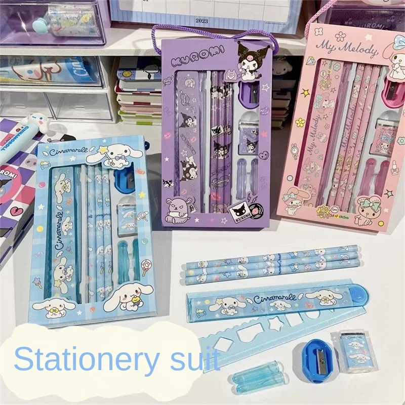 

Sanrio Stationery Set Anime Cartoon Hello Kitty Cinnamoroll Kuromi Pencil Rubber Ruler Pencil Sharpener School supplies Gifts