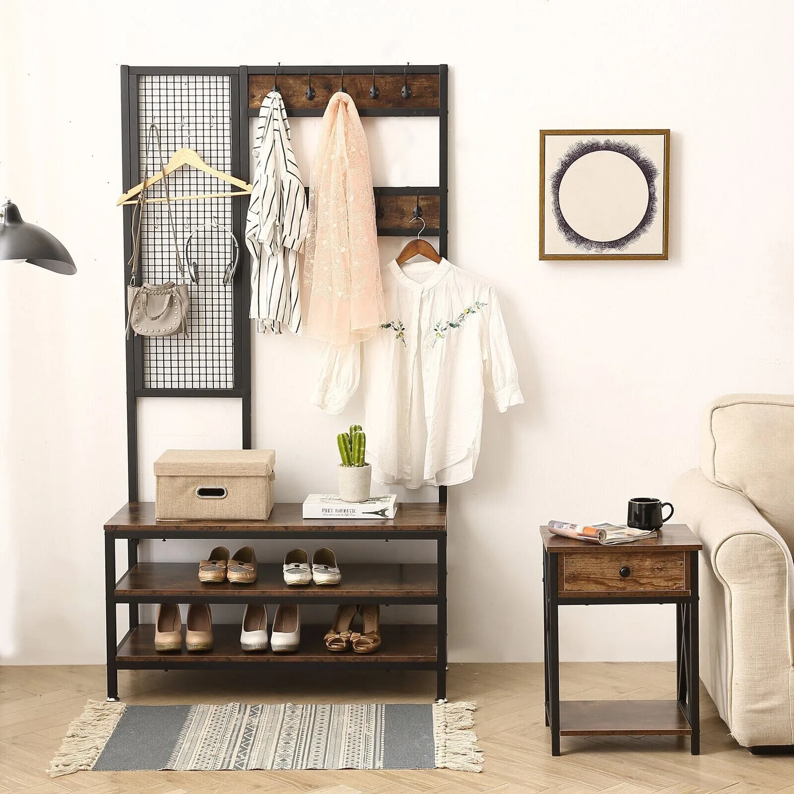Hall Tree Grid Wall Coat Rack Shoe Bench Wood - Entryway Storage Shelf Organizer Stany Zjednoczone