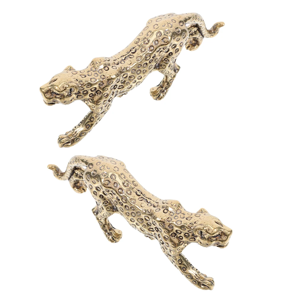 

2 Pcs Leopard Ornament Statue Golden Brass Figurine Figure Animal Statues Decor Sculpture