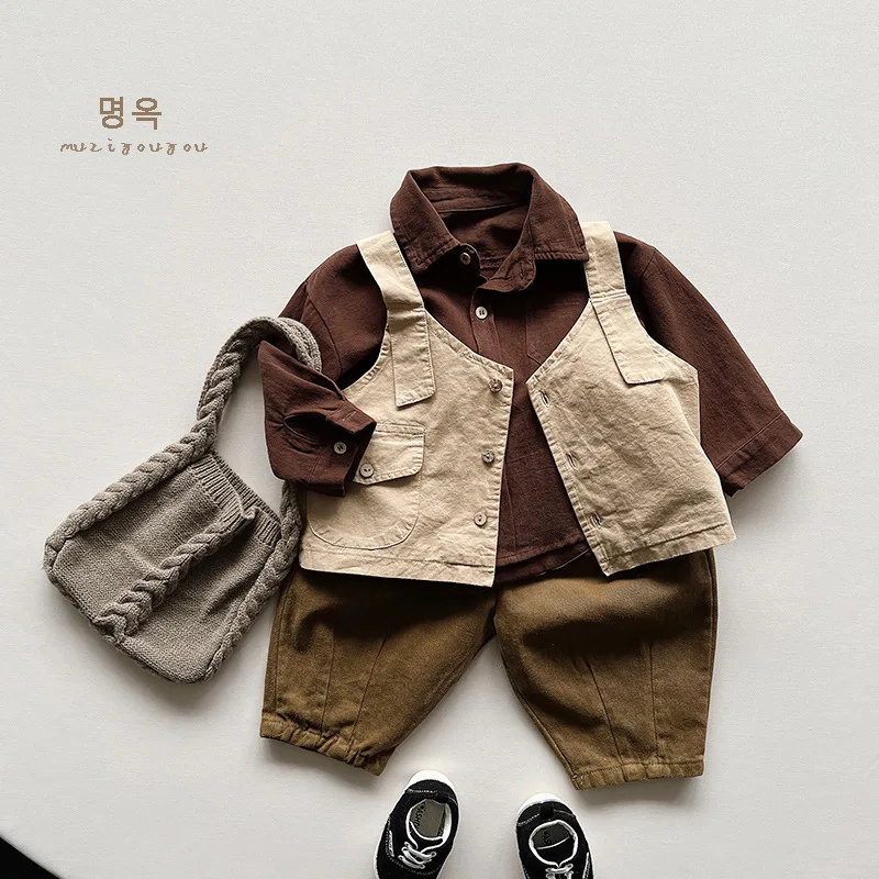 Autumn New Children Long Sleeve Lapel Shirts Coat Baby Boys Solid Loose Cardigan Toddler Girls Cotton Casual Tops Kids Clothes