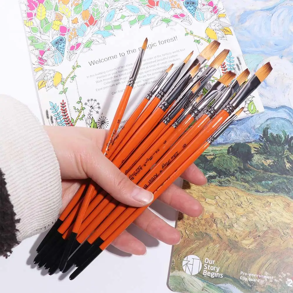 

12pcs/set Multifunctional Painting Brush Set Professional Nylon Watercolor Drawing Brushes Wooden Handle Orange