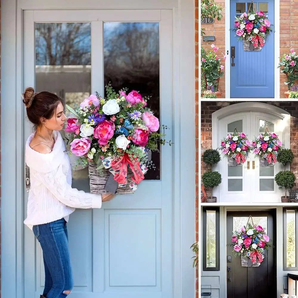 Spring Summer Floral Hanging Basket Wreath Bowknot Decor For Zonghong Home Garden Wall Porch Decorative Pvc Pendant
