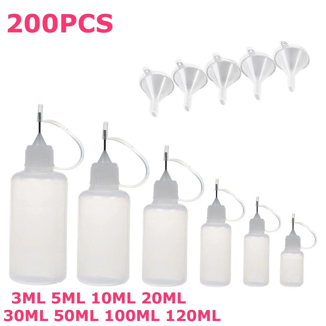 200PCS X 5ML-120ML Plastic Empty Squeezable Dropper Bottles Glue E Liquid Juice Containers with Steel Needle Tips + Mini Funnels