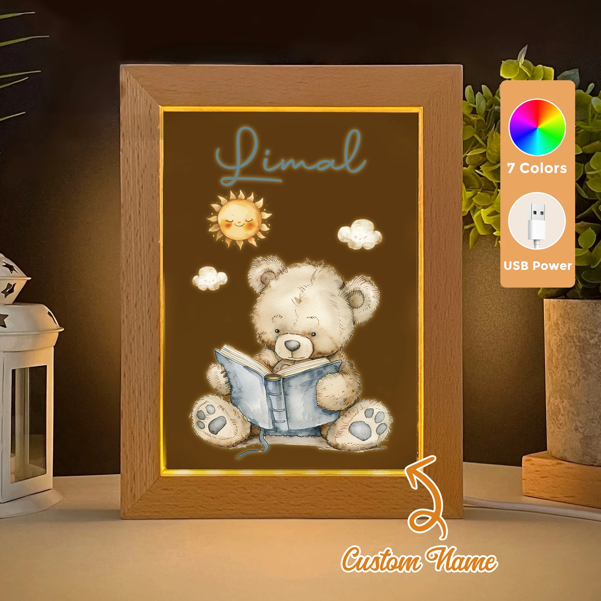 

2D Flat Custom Name Bear Reading LED Acrylic Night Light Wood Photo Frame 21x17cm Cartoon Children Bedroom Gifts Home Decor