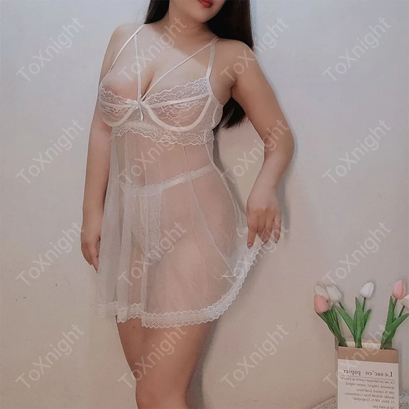 Plus size sexy lace see through crotch no take off nightgown set XXXL sexy lingerie hot underwear thong wholesale 020