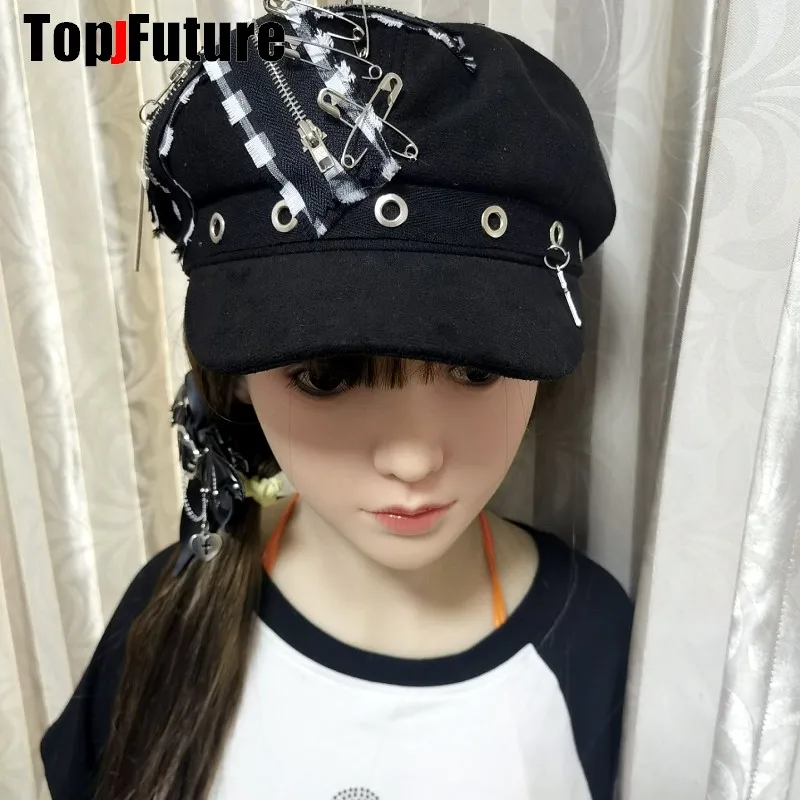 Wholesale Custom Make Customized Women Harajuku Gothic Lolita Beret hat Cap Y2K Girl Steampunk Punk zipper handmake Sun hats