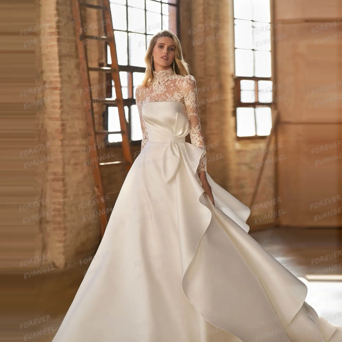 Luxus High Neck Brautkleider Frau A-linie Elegante Spitze Langarm Braut Kleider Satin Sweep Zug Angepasst Vestido De Novia