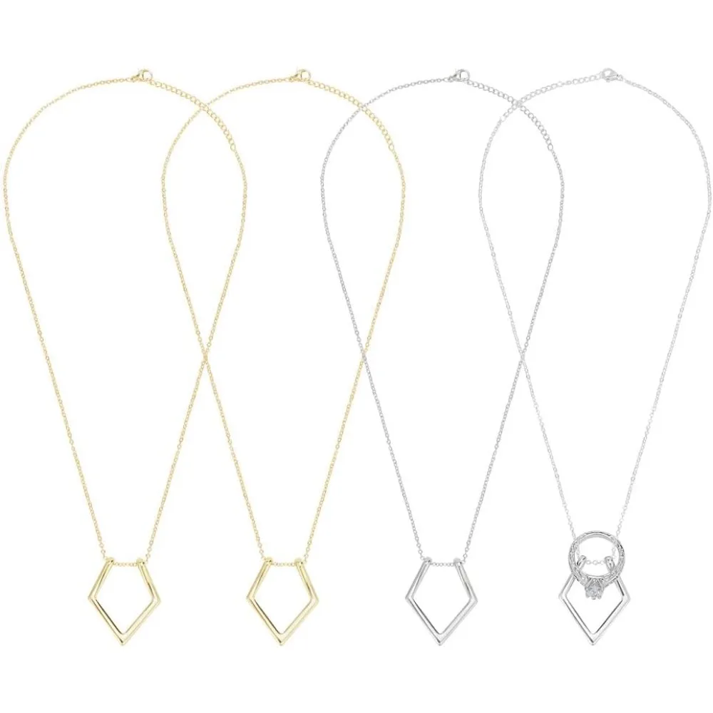 4 Pcs Rhombus Ring Holder Necklace 18 Inch Silver Golden Color Long Necklaces with Stainless Steel Chains Jewelry for making kit