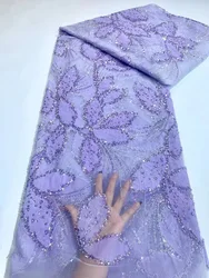 2023 Latest African Beaded Lace Fabric Lilac Embroidery French Mesh Sequins Lace Fabric Nigerian Tulle Lace For Party VXH5736