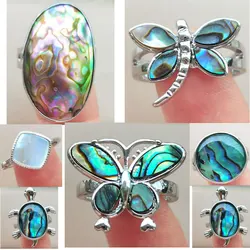 New Zealand Abalone Shell Turtle Butterfly Dragonfly Round Oval Women Men Ring  adjust PWB1152