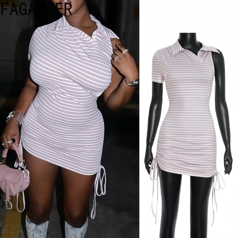 

FAGADOER Sexy Stripe Ruched Patchwork Bodycon Dresses for Woman Lapel Short Sleeve Bandage Dress Female Streetwear Vestidos New